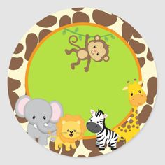 a giraffe, zebra, elephant and monkey on a green circle sticker