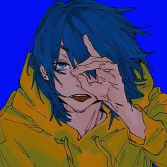 an anime character with blue hair covering his eyes and holding his hand to his face