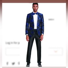 High End Formal Jacket Black And Blue Floral Comes With Black Shiny Tuxedo Pants And Black Bowtie. This Is Not Some Stuff You Buy On Amazon High Quality Items From A Boutique With Tags.. 52r Jacket Trim Fit 48 Waist On Pants Unfinished Bottoms Can Be Finished If You Give Me Length You Want For Inseam Or Out Seam.. We Do Tailoring Here As Well Tailored Black Sets For Spring, Fitted Tuxedo Pants For Fall, Black Fitted Suits For Spring, Black Slim Fit Long Sleeve Sets, Black Semi-formal Spring Set, Black Semi-formal Sets For Spring, Fitted Notch Lapel Sets For Night Out, Fitted Sets With Notch Lapel For Night Out, Black Tuxedo Suit For Night Out