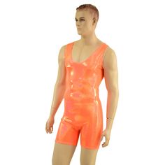 "This item is made to order, please read all the way through the listing before purchasing! Super bright, sparkly NEON Orange spandex! Singlet cut style, a scoop neck, and a four inch inseam. Four way stretch for a figure forming fit. This bodysuit is unlined. Please see mens size chart for fit. Mens Sizing (See below for instructions on where measurements should be taken) Extra Small: Chest/32\" Waist/26\" Hip/33\" Small: Chest/34\"-36\"Waist/28\"-30\" Hip/35\"-37\" Medium: Chest/38\"-40\" Wais Shiny Stretch Sleeveless Tank Top, Fitted Sleeveless Unitard For Sports, Fitted Orange Vest For Summer, Fitted Orange Summer Vest, Fitted Orange Sports Tank Top, Fitted Orange Tank Top For Sports, Stretch Orange Tank Top For Party, Orange Stretch Tank Top For Party, Fitted Sleeveless Unitard For Summer