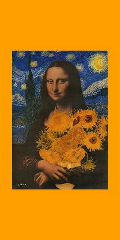 a painting with sunflowers in front of a starry night sky and an orange background