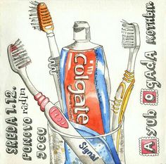 a drawing of toothbrushes and tube of toothpaste