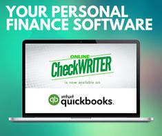 a laptop with the words your personal finance software on it and an image of a checkwriter