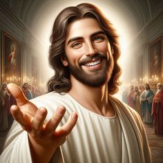 jesus smiling and holding his hand up in front of him