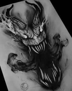 a black and white drawing of a demon with flames coming out of it's mouth