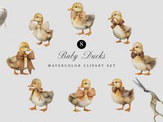 baby ducks watercolor clipart set with scissors and ballon d'ornament