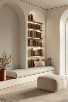 a living room filled with lots of white furniture