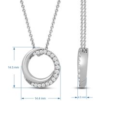 This is a sterling silver open circle pendant necklace with 1/4 carat total weight of natural white round diamonds. The pendant is attached to an 18-inch cable chain. Diamond Necklace With Round Cut Cable Chain, Sterling Silver Open Circle Necklace With Diamond Accents, Silver Diamond Open Circle Necklace, Diamond White Diamond Necklace With Cable Chain, Diamond White Cable Chain Diamond Necklace, Silver Circle Necklace With Diamond Accents, White Gold Open Circle Necklace For Anniversary, Silver Circle Necklaces With Diamond Accents, Gift Open Circle Necklace With Diamond Accents