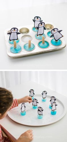 a child is playing with penguin cupcakes on a tray and then making them look like they are melting