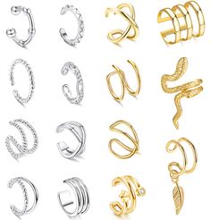 PRICES MAY VARY. SET OF 15 PCS EAR CUFFS💕You Will Get 15 Pcs Cuff Earrings in Various Styles, Dainty No Piercing Cartilage Clip On Wrap Earring Set. Hollow Cuff Earrings, Personalized Cross X, Trendy 3 Row Wrap, Classic U Shape Dome, CZ Cartilage Earrings, Snake Cuff, etc. You Can Wear Them Individually, Side By Side Or Any Way You Like, Add a Unique Charm to Your Ears. QUALITY MATERIAL💕These Ear Cuff Cartilage Earrings are Made of Soft Brass, Hypoallergenic, Light-weight and Durable; Excellen Fake Helix Piercing, Ear Cuff Women, Piercing Clip, Piercings Ear, Piercings Cartilage, Cartilage Ear Cuff, Double Ear Piercings, Faux Piercing, Ear Piercings Cartilage