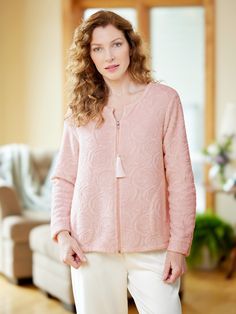 This plush bed jacket is buttery soft and beautifully sculpted with an allover rose pattern. It has an easy fit and is finished with side-seam pockets, a full zip front, and a long tassel for easy on/off. Velvety plush fleece keeps you warm Beautiful sculpted rose pattern Full-zip front for easy on/off Approx. 25" long 100% polyester Machine wash and dry Imported Exclusive to The Vermont Country Store Coordinating Ella Simone Sculpted Rose Zip-Front Fleece Robe (#89110), sold separately | Ella Simone Sculpted Rose Fleece Bed Jacket - Pink - X-Large - The Vermont Country Store Bathrobes For Women, Plush Bed, Bed Jacket, Fleece Robe, Vermont Country Store, Woman Bedding, Soft Rose, Country Store, Womens Robes