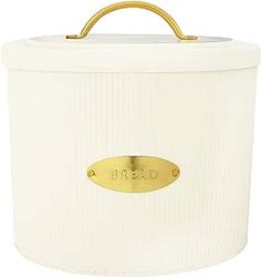 a white storage box with gold handles on the lid and handle is shown in this image