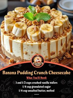 a banana pudding crunch cheesecake with walnuts and green leaves on top is shown