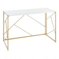 a white and gold desk with a metal frame on the top, in front of a white background