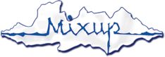 a blue and white logo with the word mixup on it