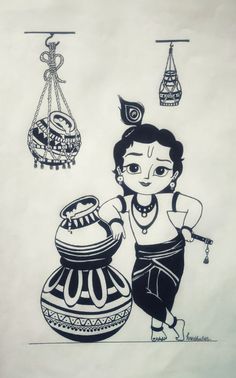 a drawing of a woman holding a pot next to two hanging pots and a bird