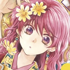 a girl with pink hair and yellow flowers in her hair is looking at the camera