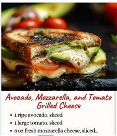 a grilled cheese sandwich with tomato, cucumber and avocado on it