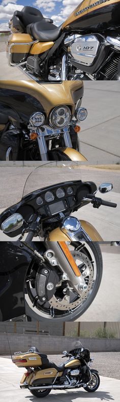 two pictures of a gold and black motorcycle