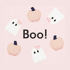 the words boo are surrounded by ghost faces and pumpkins on a pink background that says boo