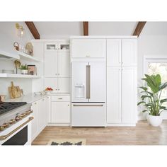 a kitchen with white cabinets and wood flooring has a large potted plant on the counter