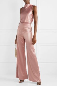 Women Cocktail Attire, Wide Leg Pants For Work, Business Cocktail Attire, Silk Satin Outfit, Pink Wide Leg Pants, Cocktail Wedding Attire, Cocktail Suit, Cocktail Attire For Women, Women Wide Leg Pants