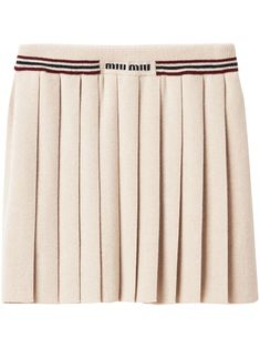 ecru cashmere knitted construction fully pleated contrasting stripe trim intarsia-knit logo ribbed waistband thigh-length straight hem Pleated Knit Skirt, Wonyoung Closet, Clothes Shuffles, Knit Logo, City Dress, Van Cleef Arpels, Summer Beach Wear, Virtual Closet, Pleated Mini Skirt