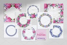 wedding frames with pink roses and blue flowers on white paper, set of 8 pieces