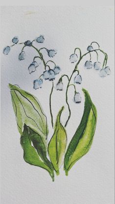 watercolor painting of blue flowers and green leaves on white paper with text that reads, lily of the valley