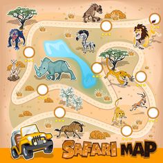 the safari map with animals and other things to see on it, including an elephant