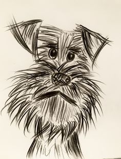 a black and white drawing of a dog's face