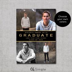 a graduation announcement with two photos and the words graduate in gold, black and white