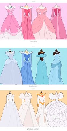 four different colored dresses with bows on them