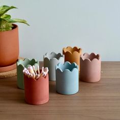 four different colored cups sitting on top of a table next to a potted plant