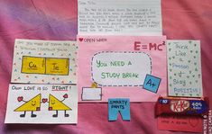 several pieces of paper with words and pictures on them, including candy bar wrappers