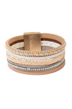 This layered metal and leather bracelet gives you the trendiness of an accented piece studded with crystals and mixed in leather strands, with a hint of color perfect for brightening up your ensemble all year round. Magnetic lock adds to wearing convenience. Material: Genuine Leather, Rhinestones, Zinc alloy Magnetic Clasp Trendy Leather Bracelet As Fashion Accessory, Trendy Beige Jewelry For Spring, Multicolor Multi-strand Bracelets, Adjustable Multi-strand Bracelet, Multicolor Leather Bracelets, Trendy Multicolor Leather Jewelry, Magnetic Lock, Braided Leather Bracelet, Bead Leather