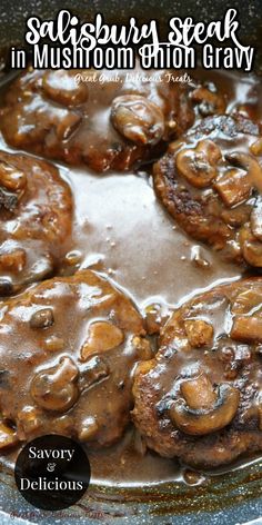 mushrooms and gravy cooking in a skillet with the words salisbury steak on it