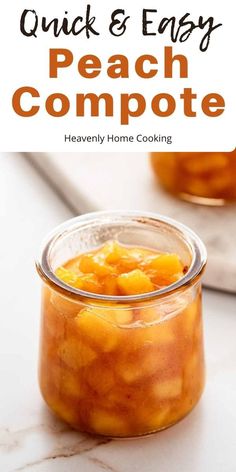 a jar filled with peach compote sitting on top of a counter