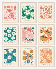 six cards with flowers on them in different colors