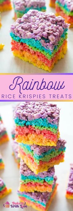 rainbow rice krispies are stacked on top of each other with the words, rainbow rice krispies treats