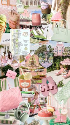 the collage shows many different things in pink, green and white colors with pictures on them