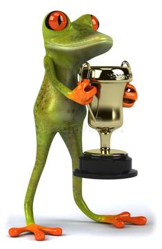 a green frog holding a silver cup and looking at it