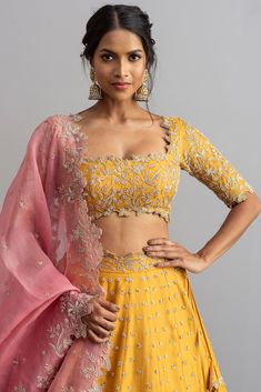 Mustard Organza Lehenga Set Design by Anushree Reddy at Pernia's Pop Up Shop 2022 Yellow Lehenga Blouse Designs, Anushree Reddy Blouse, Family Moodboard, Mustard Yellow Lehenga, Mustard Lehenga, Anushree Reddy Lehenga, Organza Bridal, Haldi Outfit, Raw Silk Lehenga