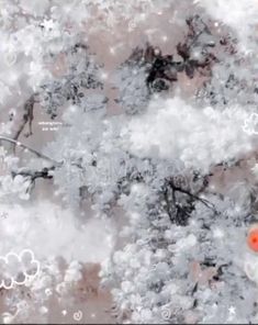 an aerial view of snow covered trees in the winter with white and gray clouds over them