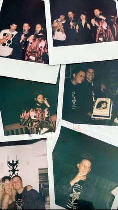 several polaroid photos of people posing for a photo in front of a cake with candles on it