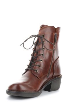 The perfect meld of classic style and contemporary comfort, this burnished-leather lace-up boot has an easy-on and easy-off side-zip closure. 1 3/4" heel; 1/2" platform (size 39) 6 1/2" shaft Lace-up style; side zip closure Removable insole Leather upper/textile lining/rubber sole Made in Portugal Women's Shoes Classic Leather Boots With Front Lace-up, Leather Combat Boots With Stacked Heel For Fall, Fall Leather Lace-up Boots With Low Heel, Fall Lace-up Leather Boots With Low Heel, Leather Ankle Combat Boots With Stacked Heel, Leather Lace-up Boots With Plain Toe, Leather Lace Up Boots, Fly London, Leather Boots Women