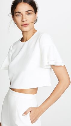 Black Halo Syon 2 Piece Jumpsuit | SHOPBOP White Cropped Top For Formal Occasions, Chic Cropped Tops For Wedding, Structured Formal Top For Spring, Chic Short Sleeve Tops For Wedding, Chic White Structured Top, Chic Structured White Top, Formal Structured Spring Tops, Elegant Cropped Blouse With Ruffles, Chic Short Sleeve Wedding Tops