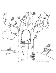 a drawing of a tree with a door in it