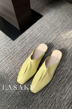 Lasaky - Premium Full-Grain Leather Minimalist Slip-On Mules with Flat Heel and Open-Back Design Cow Hide Shoes, Mule Shoes, Shoes Heel, Flat Mules, Square Head, Girly Shoes, Slip On Mules, Leather Slip Ons, Blue Shoes