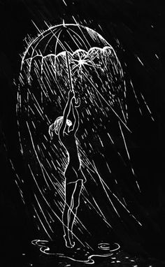 a drawing of a person holding an umbrella over their head in the rain, while it is raining